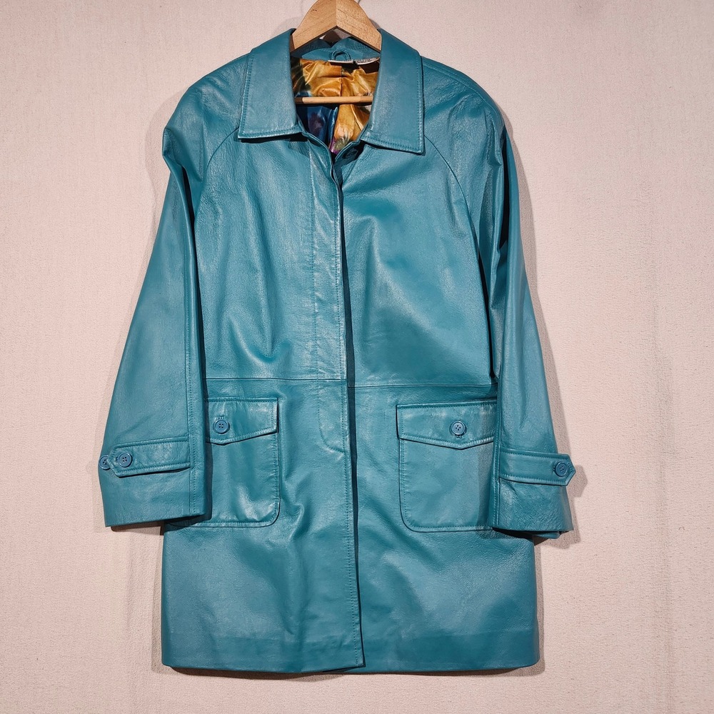 Newport News Teal Blue Leather Car Coat Floral Lining Womens Large Vintage 90s